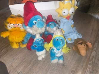 VINTAGE 1980s PLUSH STUFFED FIGURES - Alf, Smurfs , Garfield , Simpsons