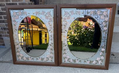 Set of Two Floral Etched Wall Mirrors