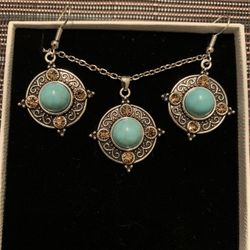 Antique Style Earrings and Necklace set with Turquoise and Citrine