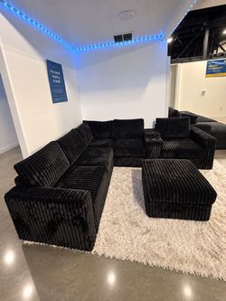 Black L-Shape Sectional Sofa with Ottoman – Cup Holders & USB Charging $10 Down $699