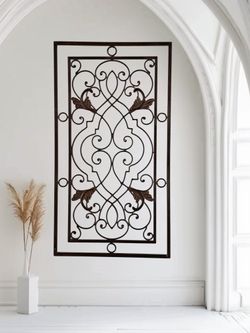 Vintage Wrought Iron Wall Panel 29.5"x16" Scroll Leaf Design Classic Home Decor