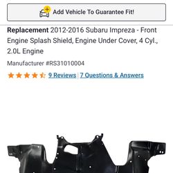 Front splash shield for 2012-2016 Subaru Impreza  