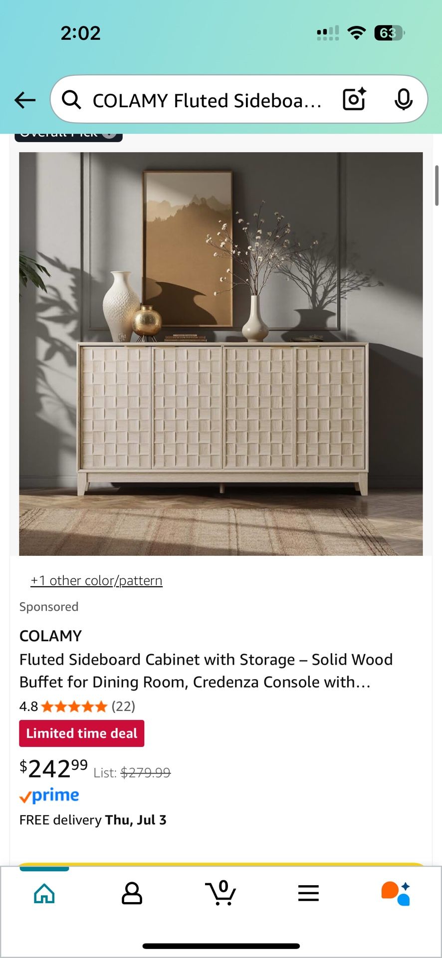 Brand New COLAMY Fluted Sideboard Cabinet with Storage - Solid Wood Buffet for Dining Room, Credenza Console with Adjustable Shelves, Walnut Finish, M