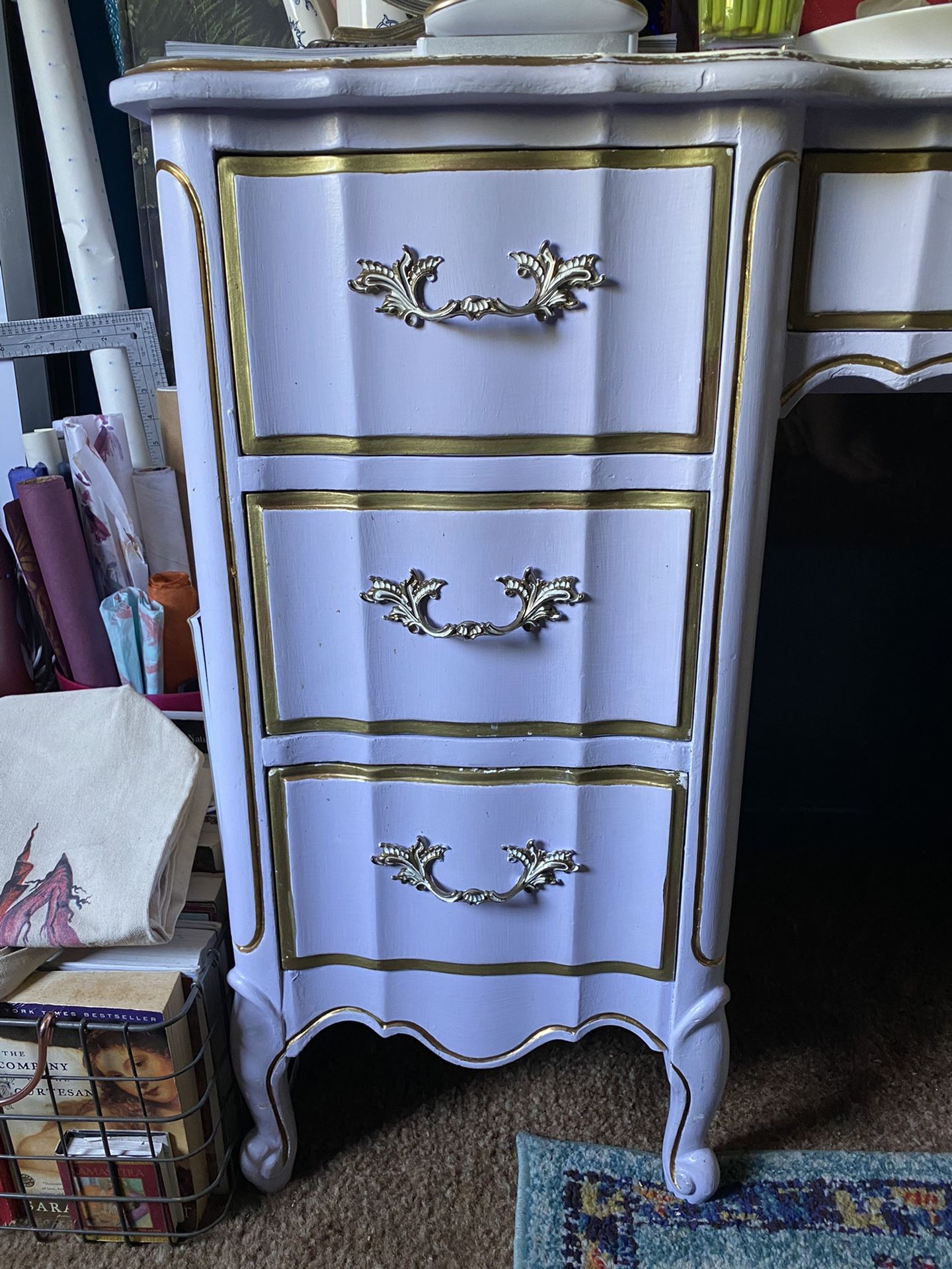 French Rustic Cottage Chic Lavender Gold Handpainted Desk