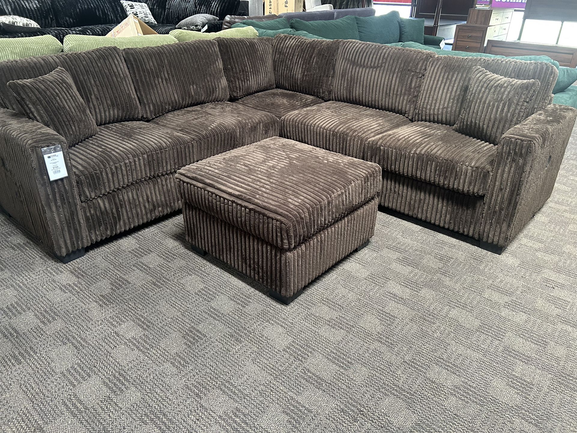 New Chocolate Brown Sectional W/ Ottoman 