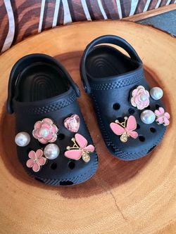 Black Toddler Crocs Classic Clogs with Pink Floral and Pearl Charms