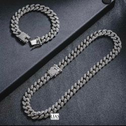 New 18k White Gold Cuban Link Chain And Bracelet 