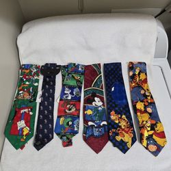 VTG Lot of 6 Disney Neck Ties Mickey Mouse Pooh Looney Tunes 56-60" Length