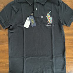 Polo Ralph Lauren Black Short Sleeve Polo Shirt. Large Colourful Pony. Classic Fit