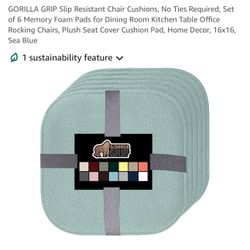 GORILLA GRIP Slip Resistant Chair Cushions, No Ties Required, Set of 6 Memory Foam Pads for Dining Room Kitchen Table Office Rocking Chairs, Plush Sea