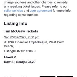 2 Tim Mcgraw Ticket  Covered Seats Sec 2 Lower Center Stage   