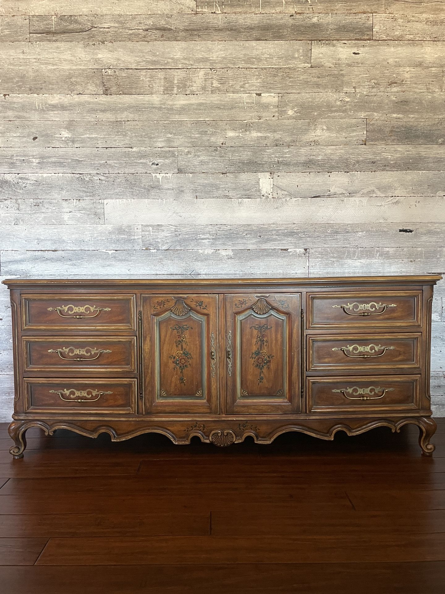 1970s Vintage Walnut Dresser W/ Hand-painted Florals