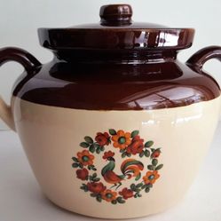McCoy Pottery Bean Pot, specifically the #342 model, featuring a rooster and floral design. 
