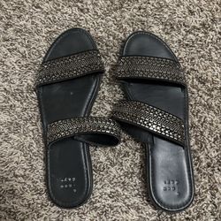 Black Double Strap Rhinestone Slide Sandals