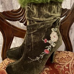 Green Velvet High Heel Boots