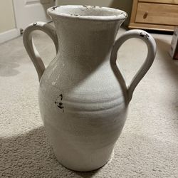 White Distressed Ceramic Pitcher Vase With Handles 