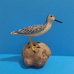 Hand carved and painted wooden greater marsh redshank bird figurine, 6" Signed.