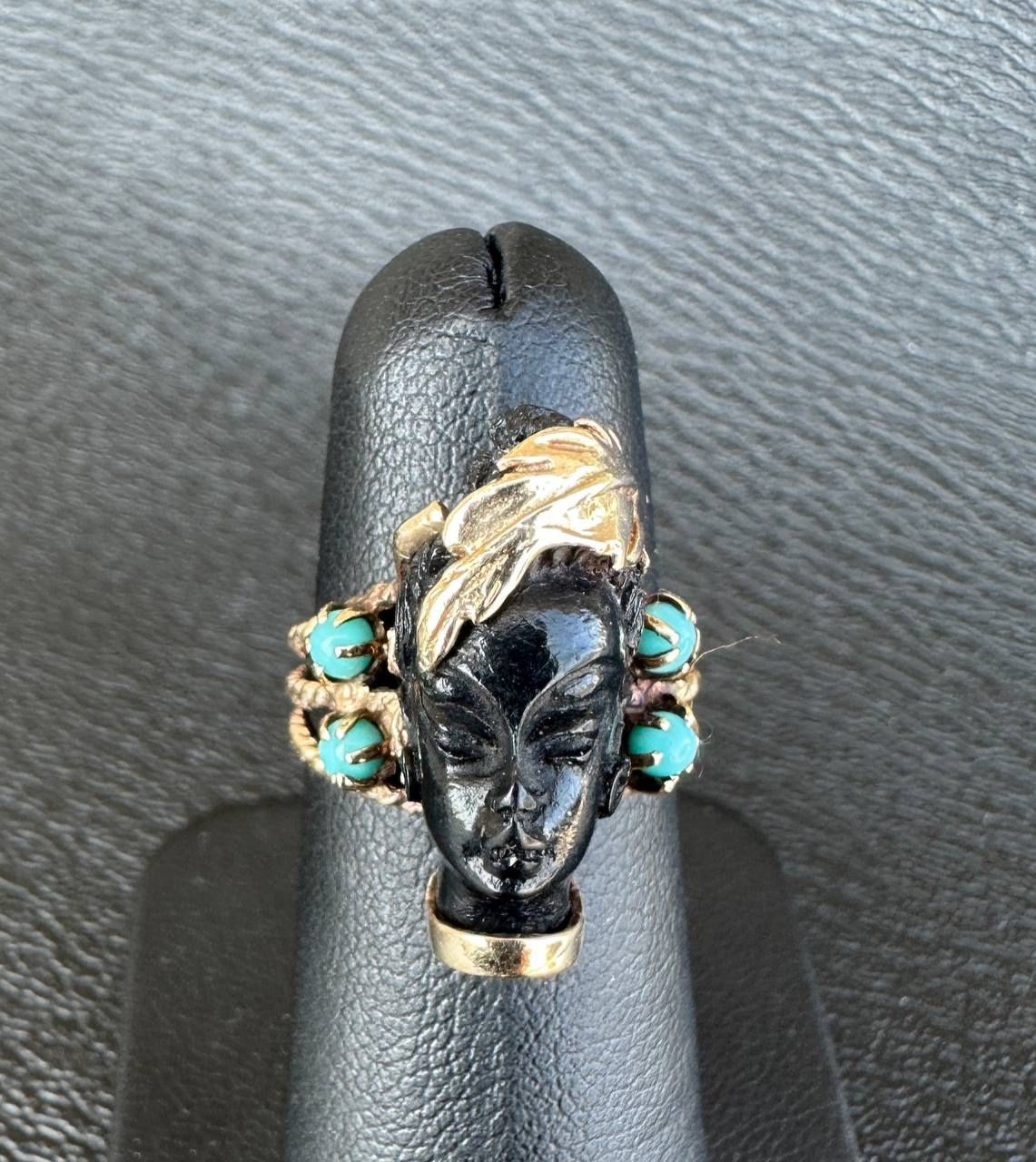 Ladies 14k yellow gold black onyx blue turquoise ring