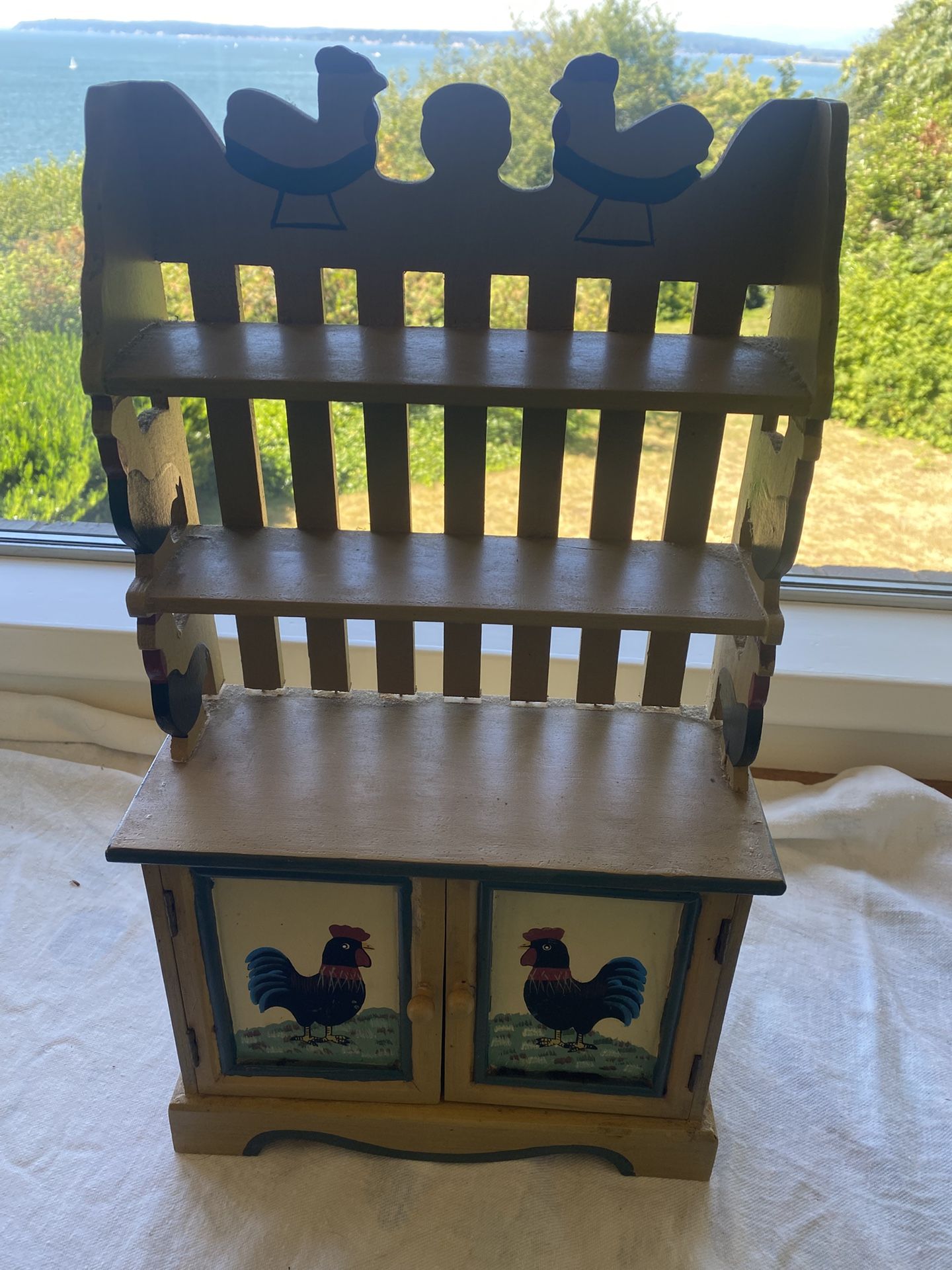 Vintage Miniature Artisan Wood Hutch Cupboard Painted Rooster Farm Them