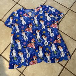 Woman’s Scrub Top Tunic Style Size XL Disney Frozen II Olaf The Snowman 