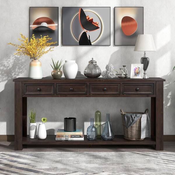 63 in. Espresso Brown Rectangle Wood Console Table Sofa Table with Storage Drawers and Bottom Shelf