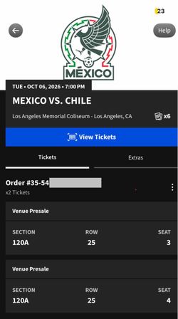 2 tickets for Mexico vs Chile/ section 220.