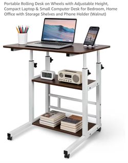 Portable Rolling Desk on Wheels with Adjustable Height, Compact Laptop & Small Computer Desk for Bedroom, Home Office with Storage Shelves and Phone H