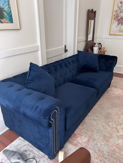 95” Navy Blue Velvet Sofa - like new
