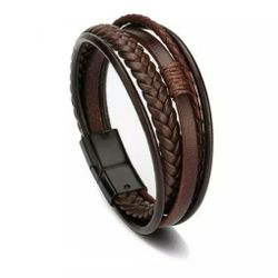  Men Jewelry Brown Braided Leather Bracelet Multi-Layer Stainless Steel Cla