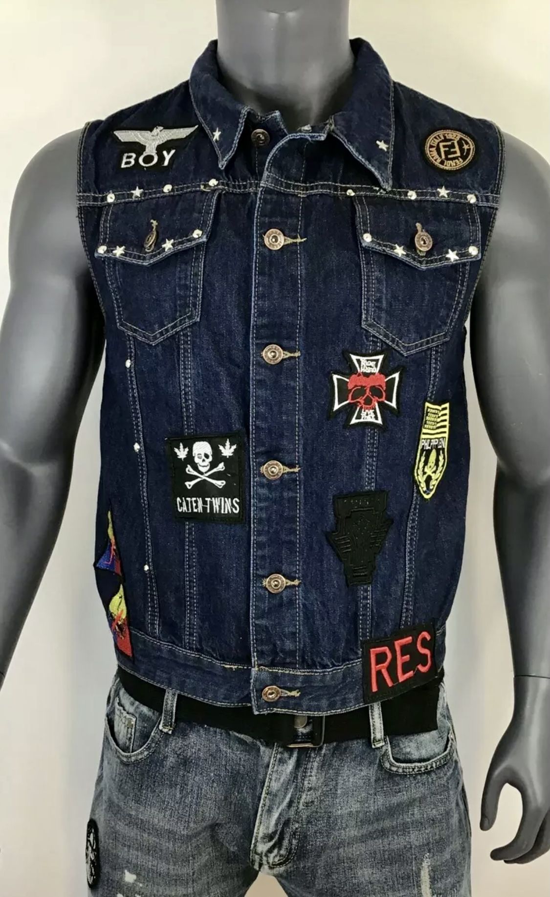 Men Jeans Vest Sleeveless Denim Jacket Ripped Patch Biker Cat Trucker Size L