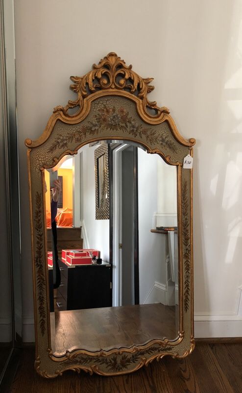 Gilded mirror, 2 tables, shelves