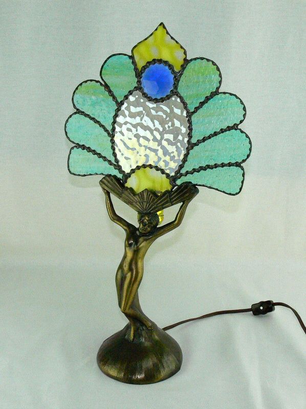 Vintage Art Deco Nude Woman Stained Glass Bronze Lamp
