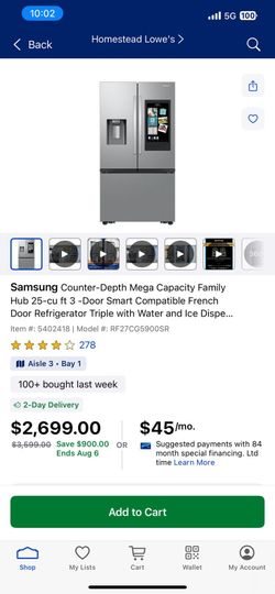Samsung Counter-Depth Mega Capacity Family Hub 25-cu ft 3 - Door Smart Compatible French Door Refrigerator Triple with Water and Ice Dispe...