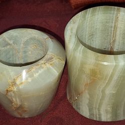 Set Of Two Green Onyx Stone Carved Candle Holders G6D122