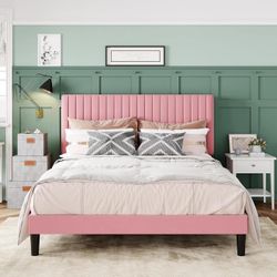 Queen Bed Frame, Velvet Upholstered Platform Bed Vertical Channel , Pink Y-57
