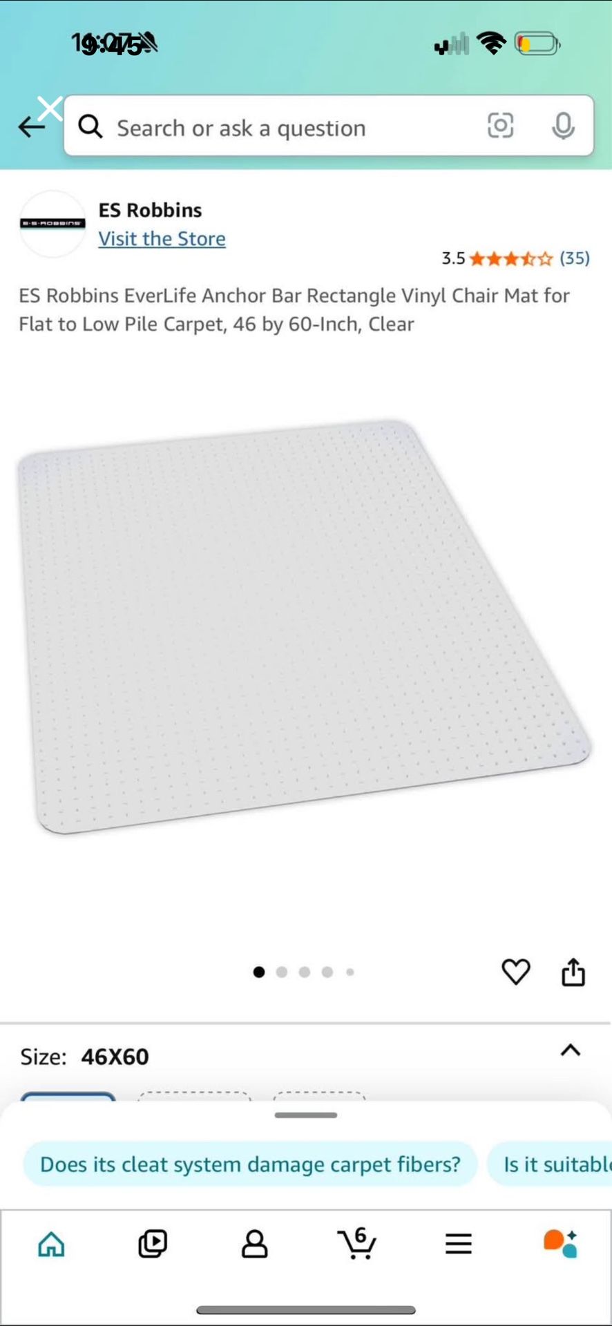 ES Robbins EverLife Anchor Bar Rectangle Vinyl Chair Mat for Flat to Low Pile Carpet, 46 by 60-Inch,