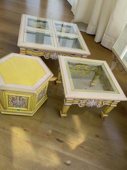 Vintage Mediterranean / Hollywood Regency 3-Piece Coffee & End Table Set – Glass Tops-#1166