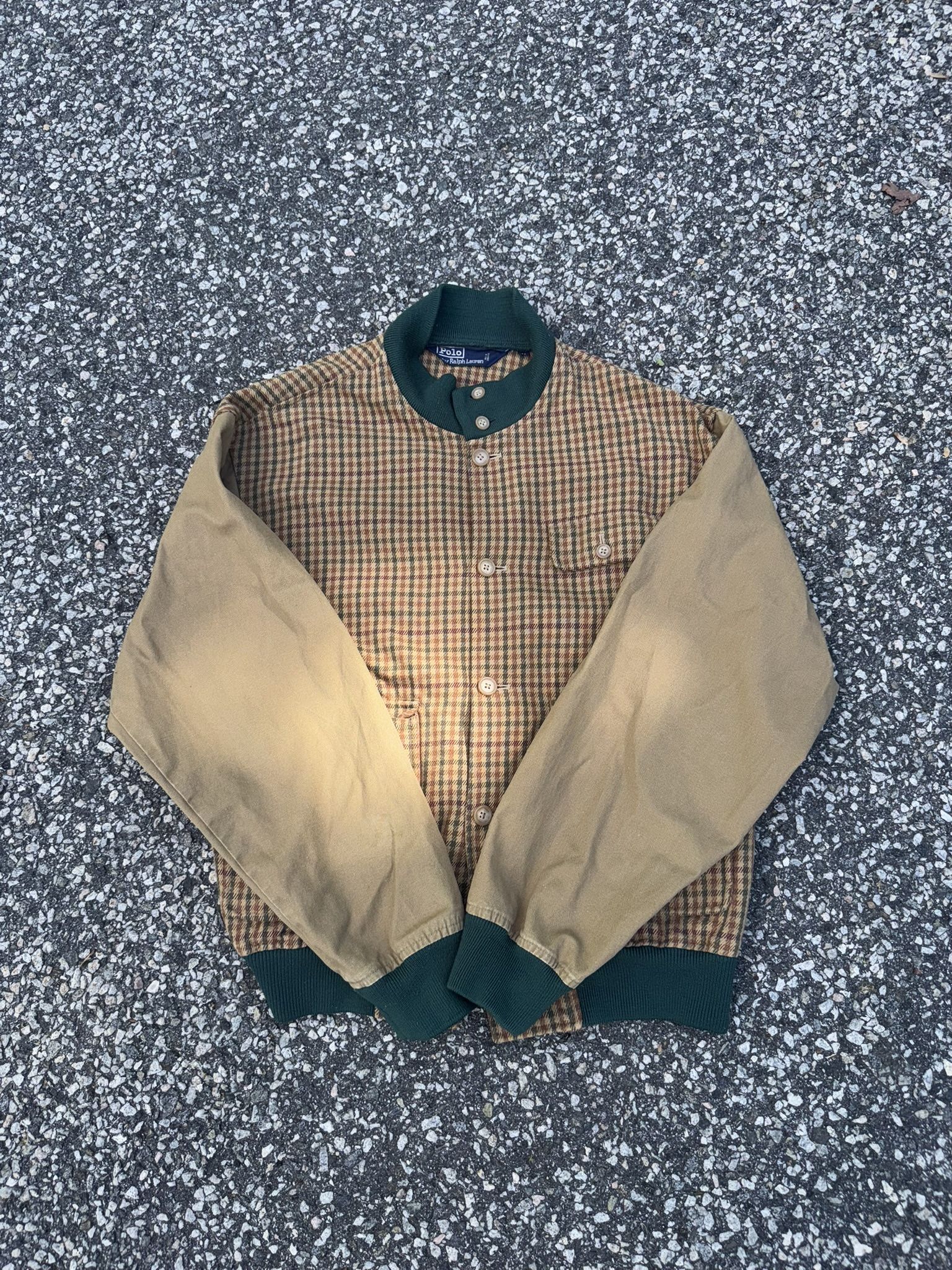 VINTAGE 80s 90s Polo Ralph Lauren Plaid Wool Bomber Jacket Beige Green Mens Size m
