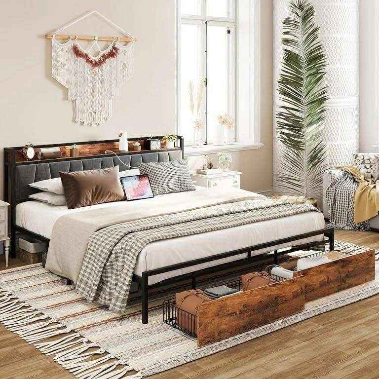 King Metal Bed Frame with 2 Storage Drawers, Sturdy, Vintage Brown