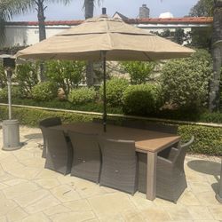 Outdoor Dining Table, 8 Chairs & Umbrella