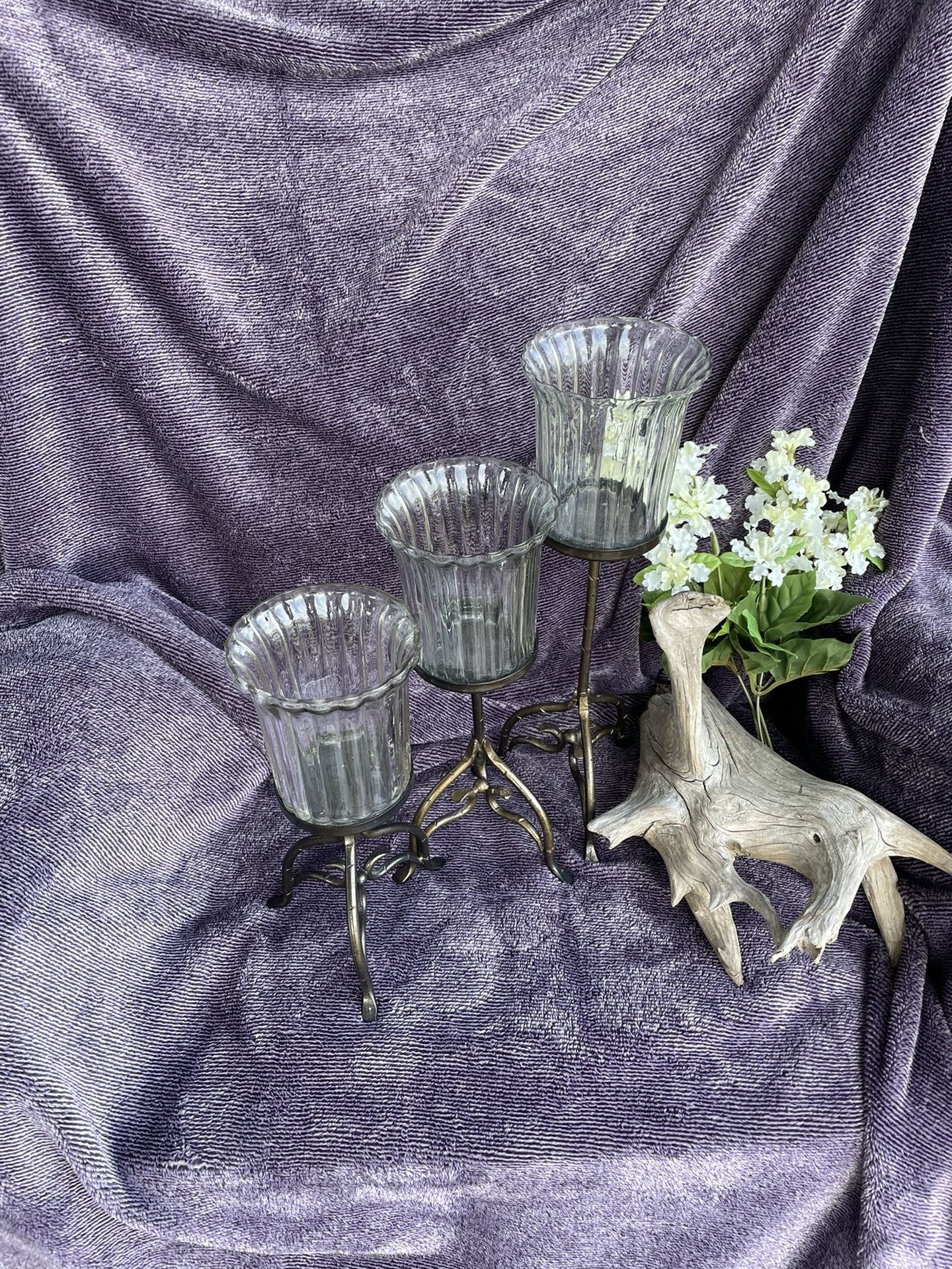 Set Of 3 Glass & Metal Candle Holders