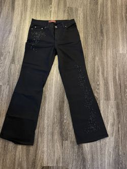 Mu Jeans Black Beaded Wide Leg Flare