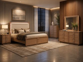 5-Piece Light Oak Bedroom Set LED Bed Dresser Mirror Nightstand Chest Juego de Recamara Madera Clara Venta Furniture Sale Muebles