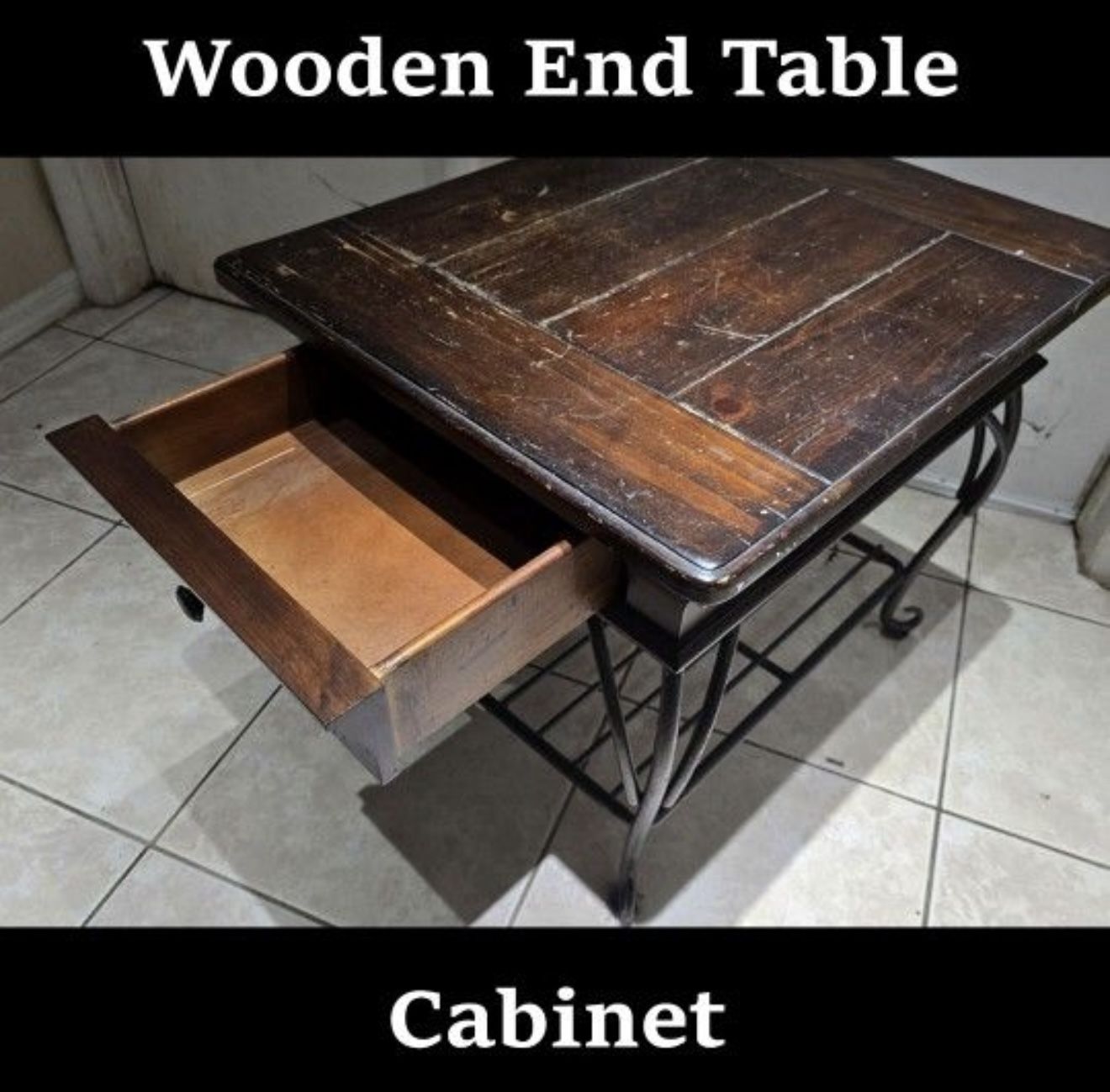 Rustic Wood & Metal End Table – Dark Brown Top, Black Legs   