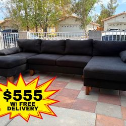 MIDNIGHT BLACK Sectional Couch (w/ Double Lounge Chaise) • FREE DELIVERY TO YOU 🚚