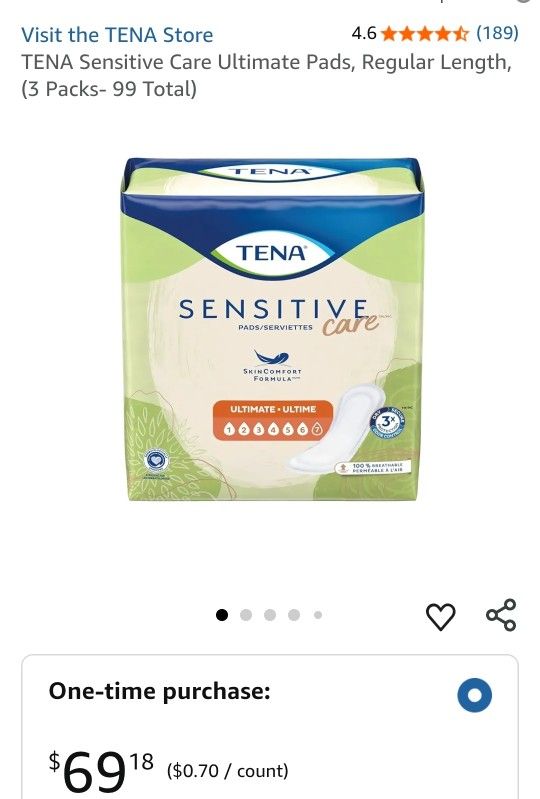 TENA Sensitive Care Ultimate Pads, Regular Length,(3 Packs- 99 Total)