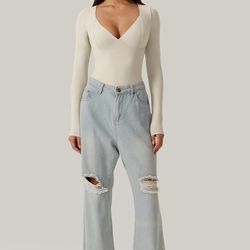 $15 Beige Large Women's Long Sleeve Bodysuit V Neck Body Suits Seamed Cup Going Out Tops Shirt