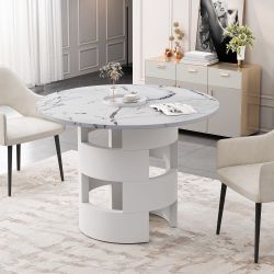 42” White Modern Round Dining Table with Printed Marble Table Top, Sturdy MDF Base  [NEW] **Assembly Req** 