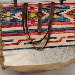 Myra Western Weekender Bag Aztec Tapestry And Fur Canvas Leather Straps Large Weekender Tote 
