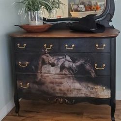 Antique Restored Rustic Dresser And Mirror Horse Design